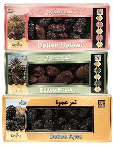 Coffret Dattes Premium Tayiba – Ajwa, Khudry & Safawi – Dattes de Médine – Qualité Supérieure d’Arabie Saoudite – 900g (3x300g)