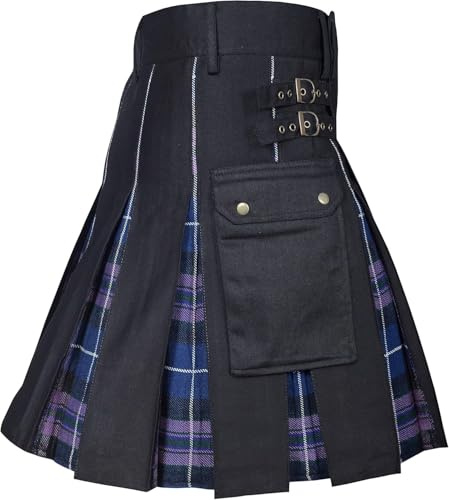 Idopy Men's Scottish Tartan Hybrid Utility Cargo Pockets Kilt Pleated Skirt with Adjustable Leather Straps Purple L