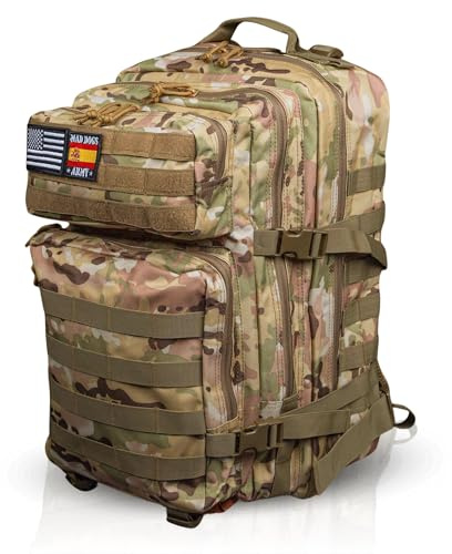 MAD DOGS Mochila Táctica Militar 45L Impermeable con Sistema Molle, Resistente y Multifuncional para Supervivencia, Senderismo, Caza, Airsoft, Trekking, Acampada, Hombre y Mujer (CAMO)