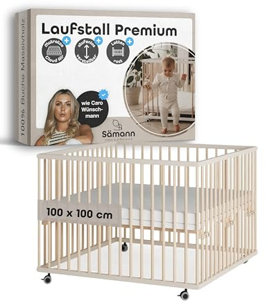 Sämann Laufstall Baby mit Matratze Cloud Air & Lattenrost | stufenlos höhenverstellbar | Laufgitter Premium | Babybett aus Holz | Krabbelgitter (sahara dust/natur, 100x100 cm)