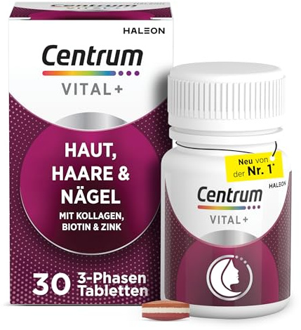 Centrum Vital+ Haut, Haare & Nägel, 30 Tabletten | Für Schönheit von Innen(2) & Zellregeneration(3), mit marinem Kollagen, Hyaluronsäure, Biotin, Zink, Vitamin C