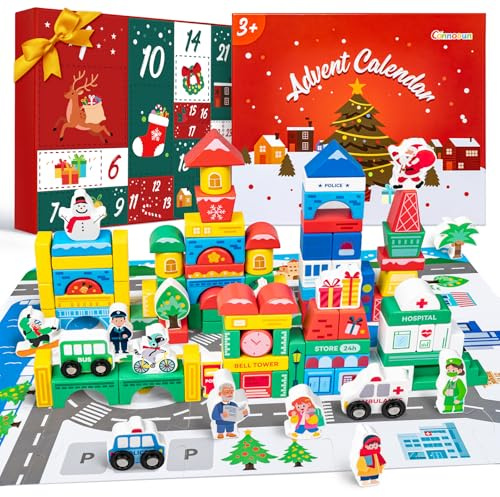 Adventskalender 2025 für Kinder, Commodum Holzbausteine, Bauspielzeug, 24 Tage Weihnachts Countdown Bauset, Stapelspiel für Vorschulkinder, Bauklötze Spielzeug, Weihnachts Geschenk für Kinder