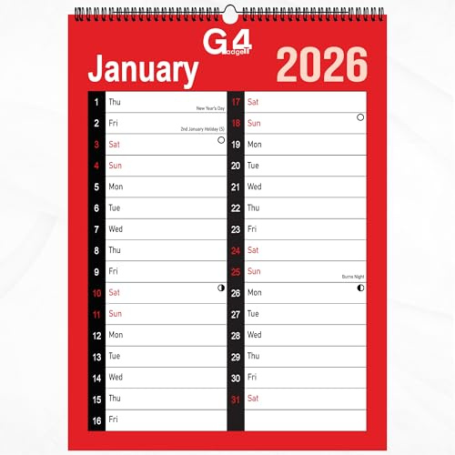 G4GADGET Calendrier mural 2026 A4 mensuel à 2 colonnes à spirales avec jours fériés britanniques | Organiseur mensuel à suspendre pour la maison, le bureau, l'école et le travail