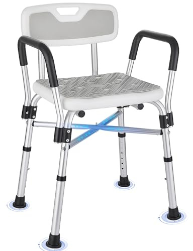 KSITEX Silla de Ducha para Ducha con Brazos y Respaldo,Pesado Taburete de Ducha, 6 Altura Ajustable,Antideslizante, Silla Ducha para Personas Mayores y Discapacitadas Gris 180kg