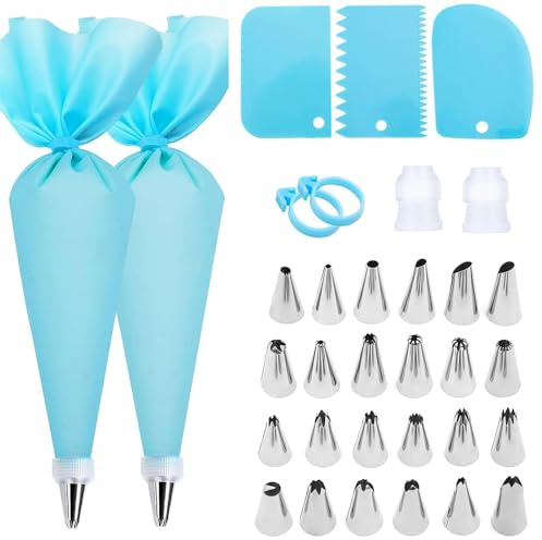 Cake Decorating Kit - Large Piping Bags & 24 Nozzles Set with Icing Scrapers, Couplers | Complete Icing Piping Kit with Reusable Frosting Bags for Cupcakes, Cookies & Baking