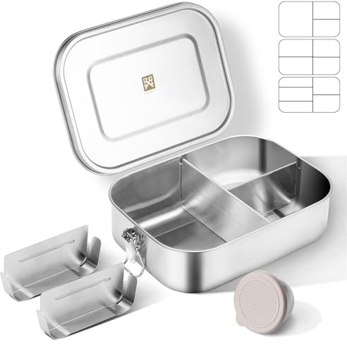 GOLDEN KEY Edelstahl Lunchbox 1400ml füR Erwachsene, Edelstahl Brotdose mit Fächern und Ersatz-Silikonring, Edelstahl Bento Box Auslaufsichere LebensmittelbehäLter, füR Arbeit Picknick und Reisen