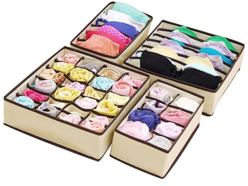 Songella Cassetto Organizer per Biancheria Intima Divisori Cassetti Pieghevole Organizzatore Set di 4 Beige per Reggiseni Calzini Cravatte Sciarpe Accessori Fazzoletti e Cravatte Storage Box