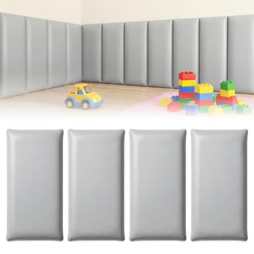 Lot de 4 panneaux muraux 3D, 20 x 40 cm, revêtement mural autocollant - En polyuréthane imperméable - Coussin mural rembourré - Pour chambre à coucher, chambre d'enfant - Gris