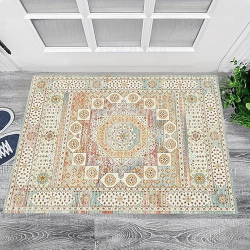 Alfombra de retazos, 110 x 150 cm, antideslizante, lavable a máquina, pelo corto, alfombra vintage para sala de estar, entrada, oficina, escritorio, mesita de noche, dormitorio, tradicional