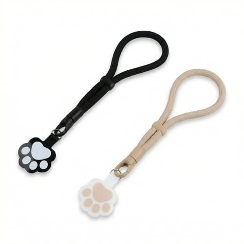 Anseom 2 Stück Handykette Kurz Universal, Katzenpfote Verstellbar Handyanhänger mit Patch, Handschlaufe Handyband für Kopfhörer Handyhülle USB-Stick Kamera Schlüsselanhänger (Schwarz + Beige)