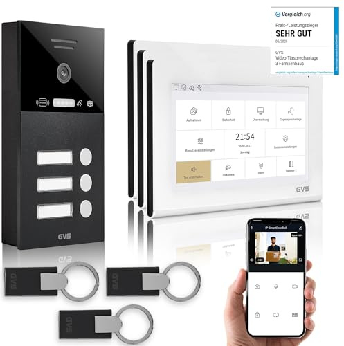 GVS IP Video Türsprechanlage 3 Familienhaus RFID Türöffner - 3X 7 Monitor | Smarte Video Türklingel mit Kamera und Monitor & App - Gegensprechanlage mit Türöffner (AVS4469A)