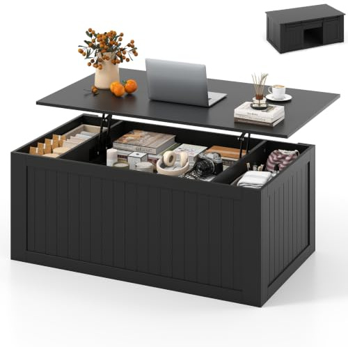 COSTWAY Lift Up Top Coffee Table, 120cm Farmhouse Tea Table (Black)