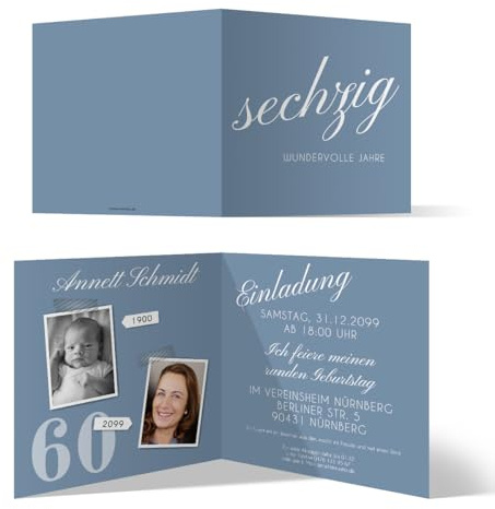 Runder 60. Geburtstag personalisierte Einladungskarten ab 10 bis 100 Stück selbst gestalten - Sechzig wundervolle Jahre - Klappkarte, zwei Fotos, dickes Papier