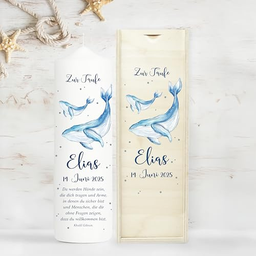 Wandtattoo Loft Taufkerze Junge mit Taufspruch Motiv Blauer Wal 25 x 7 cm, personalisierte Kerze, bedruckte Kerze zur Taufe, Taufgeschenk