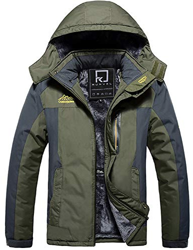 R RUNVEL Mens Ski Jackets Winter Waterproof Coats Hiking Ski Rain Warm Fleece Walking Windbreaker Mountain Outdoor Snow Work Jacket Coat Men Green M