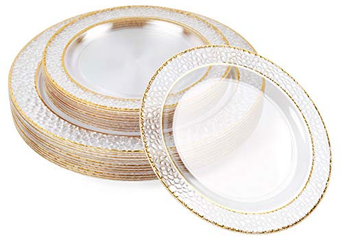 MATANA 40 Premium Hard Plastic Plates with Hammered Gold Rim - 20 x 26cm, 20 x 19cm - Reusable Gold Party Plates for Weddings, Birthdays, Christmas, Parties