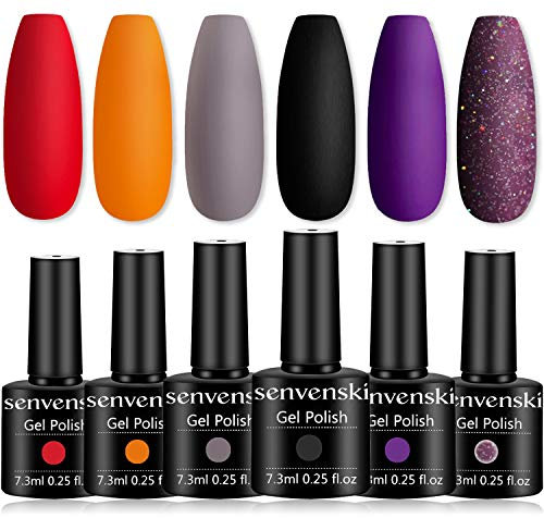 Senvenski Halloween Gel Nagellack Wein Rot Maroon Orange Koralle Grau Schwarz Lila Glitzer UV LED Gift Set Kit Nagellack Kinder Mädchen (CS6-032)