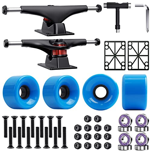 Jizmo Skateboard Trucks, High Rebound Skateboard Cruiser Wheels 60mm, Skateboard Bearings ABEC-9, Skateboard Tool, Skateboard Pads, Skateboard Hardware Combo Starter Set(Blue)