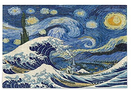 Kunst Kanagawa Surfen Van Gogh Star Night Jigsaw Puzzle 1000 Teile für Erwachsene Klassische Jigsaw Puzzles aus Papier Wanddekoration Geschenk ab 12 (70x50cm)