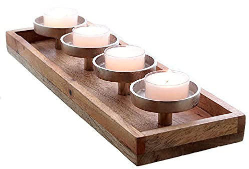 Mango Advents Kerzenhalter - 47 x 15 x 7 cm - Massiv Holz Kerzenständer mit Aluminium Haltern