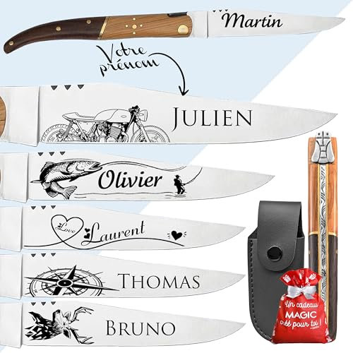 Couteau pliant Laguiole Le Rustique personnalisable – Lame gravée avec un prénom – Lame inox 8 cm – Manche bois – Cadeau pour Homme, Papa, Papy - Idée cadeau personnalisable