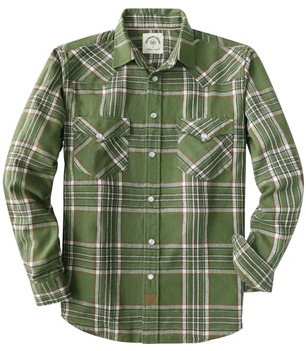 Dubinik® 6 oz Camicia Flanella Uomo Invernale Camicia Uomo Flanella Cotone Western Cowboy con Bottone Automatico Quadri Arancio Verde Militare L