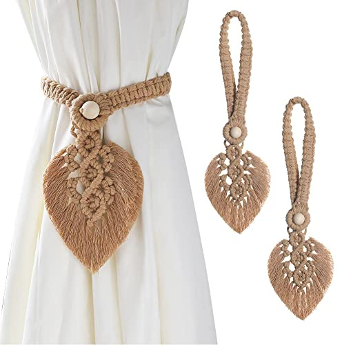 Lot de 2 Embrasses Boho pour Rideaux, Feuilles Coton Macramé, Pinces à Rideaux Plumes pour Draperie Décor