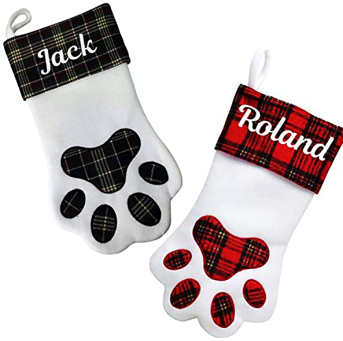 Hoolaroo Personalised Dog Christmas Stocking With Name Xmas Santa Pet Stockings Tartan Paw Red Tartan