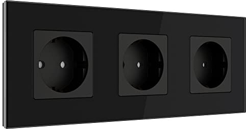 PULSAR Steckdose Unterputz 3-Fach Glas Schwarz, Schuko-Wandsteckdose 16A | Steckdose Schwarz 3-Fach Glas Unterputz, Schuko Wandsteckdose 16A, 228 x 86mm mit Kindersicherung, Dreifach-Steckdose