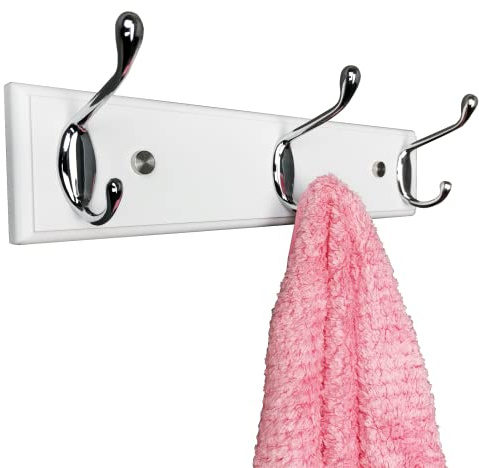lomejii Wall Mounted Coat Rack 12.2inch(31cm) with 3 Silver Hooks, White Wood Coat Hook for Entrance, Hallway, Bedroom, Kids Room, Bathroom,Small Size Clothes Hanger