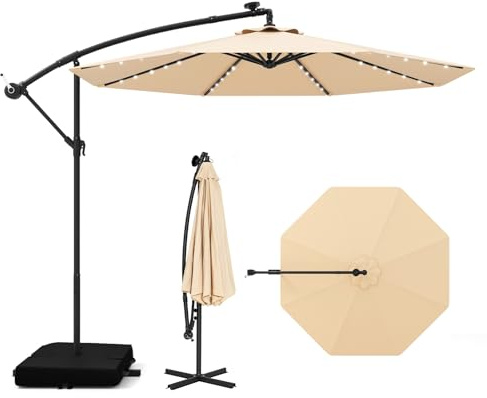 COSTWAY Parasol Déporté 3x3M, Parasol de Jardin Extérieur 40 LED Solaire avec 2 Sacs de Sable, Protection UV, Socle en Croix, Inclinable, Manivelle, pour Balcon, Jardin, Terrasse, Plage (Beige)