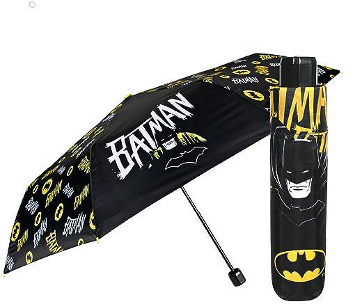 PERLETTI Batman Taschenschirm Kinder 7 8 9 Jahre - Mini Kinderschirm Kompakt für Jungen mit Schwarze Fledermaus - Gelber Regenschirm Regen Schirm Leicht Windfest Grundschule - Durchmesser 91 cm