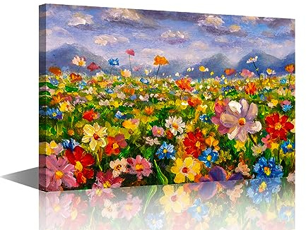 TISHIRON Blumen Malerei Wandkunst Leinwand Drucke, Blumenfeld Landschaft Ölgemälde Impressionismus Kunstwerk Wandkunst Gerahmt für Badezimmer Wohnzimmer Schlafzimmer Home Office Dekor 40,6 x 61 cm
