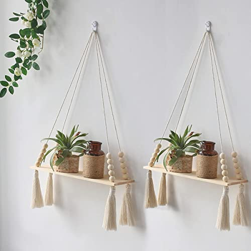 Xmas Macrame Hanging Shelves Boho Wall Decor Set of 2 Rustic Wood Floating Storage Shelf Tassel Display Floating Shelves Wooden Storage Kitchen Wall Decor for Bedroom Living Room Kitchen Nursery
