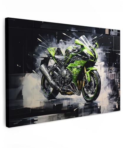 MuchoWow© Leinwände Groß 120x80 cm XXL Wall Decoration Bilder Schlafzimmer Deko Pictures Canvas Painting Wanddekoration Wohnzimmer Leinwandbilder Motorrad - Graffiti - Grün - Grau - Schwarz