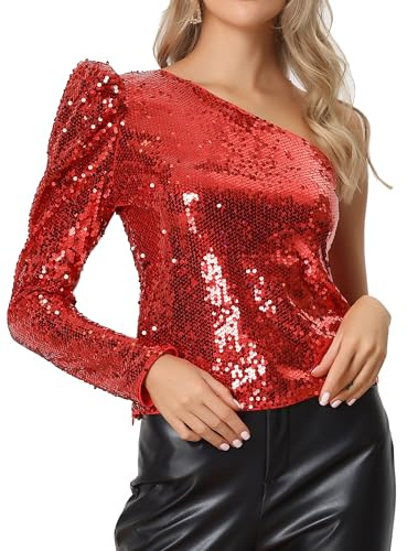 Allegra K Haut Paillette Femme Épaules Dénudées Asymétriques à Manches Longues Tops Sequins Chemise Scintillante Rouge L