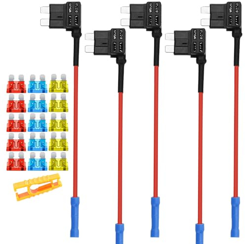 Aiqeer 5 Stück 12V / 24V Medium Piggyback Sicherungshalter, Auto Add-a-Circuit Sicherung Tap mit Kabelbaum, Gratis 15 Stück Standard Flachsicherungen und Sicherungszieher (Crimp Terminal)
