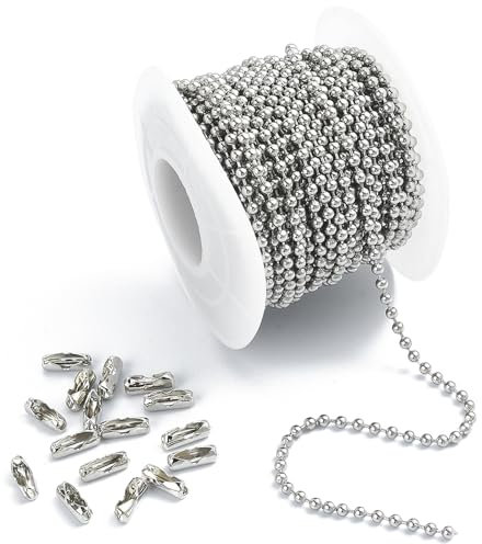 WLUOS 10M Kugelkette Edelstahl Silber Kugelkette 2.4 mm Durchmesser Kugelkette mit Verschluss mit 50 Kugelketten Verbinder für Schlüsselanhänger Bastelprojekte Tags Kette, LIANZI001