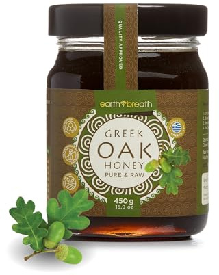 Earthbreath Raw Greek Oak Honey 450g - Pure Raw Natural High Nutritional Value Honey from Greece, Unfiltered, and Unpasteurized Honeydew Honey, Perfect for Yogurt, Porridge & Pancakes