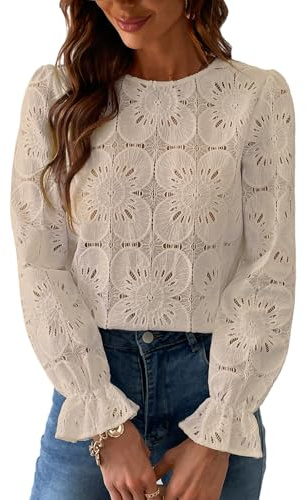 CUPSHE Women Blouse Cutout Flower Top Round Neck Long Sleeve Elastic Cuffs Elegance Shirt, Khaki, L