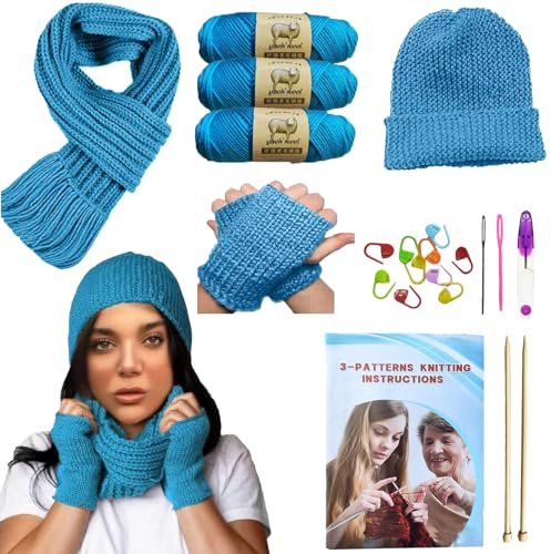 Kit per lavoro a maglia per principianti, kit completo per imparare a lavorare a maglia, con libretto di istruzioni, filato di lana, ferri da maglia, aghi e pennarelli (blu)
