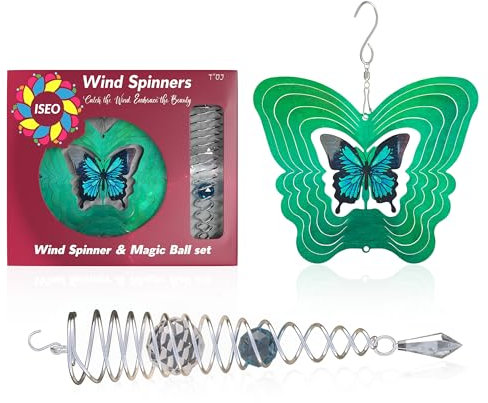 ISEO Juego de molinillos de viento de mariposa y bolas de observación, decoración de jardín de metal, decoraciones de jardín colgantes, resistentes a la intemperie, molinillos de viento para
