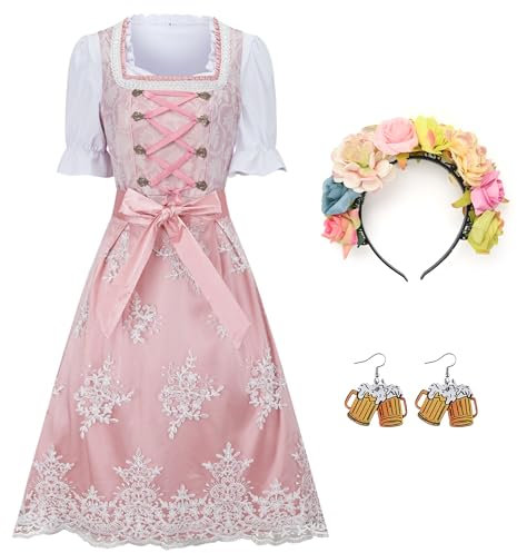 Ezuwail Dirndl da donna 5 pezzi in Rosa: Camicetta, Abito, Grembiule, Orecchini e Ghirlanda di Fiori - Oktoberfest, Halloween, Design Unico, Poliestere, Aderente, Taglia S