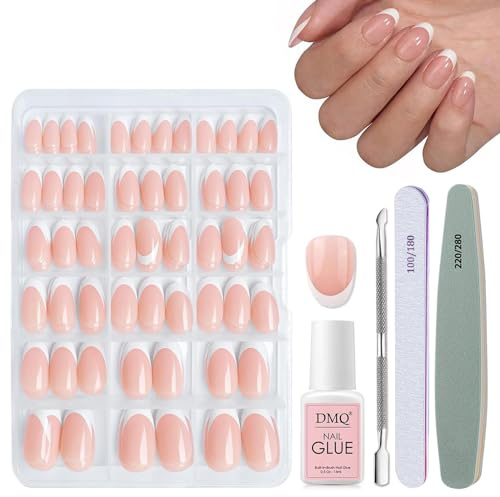 DMQ French Press On Nails, 240Pcs Almond French Tip False Nails Short, Nude Color Fake Nails with Glue, Full Cover Stick on Nail Tips for Women Girls Nail Art Decorations