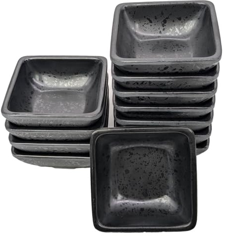 Morleos Muvell 12x Dipschale aus schwarzen Melamin | Maße: 7,5 x 7,5 x 2,7 cm | Design: Tropfen | Dipschalen, Saucenschälchen, Sojasauce Schale, BBQ Schale, Sushi Geschirr, Fondue, Fingerfood Schale,