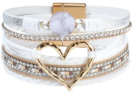 GAUEIOUR Heart Leather Wrap Bracelets for Women White Braided Boho Multilayer Alloy Buckle Wide Cuffs Charms Bracelet Birthday Holiday Jewellery