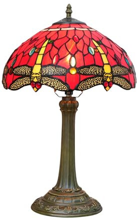 FUIBEJAE Lámpara de Mesa de libélula roja Estilo Tiffany, lámpara de Noche de vidriera de 12, E27, luz Nocturna Vintage de 19 de Alto para Oficina Sala de Estar Dormitorio Sala de Estudio