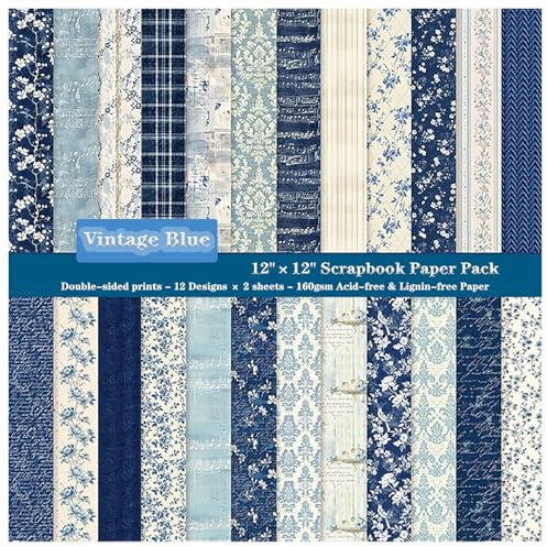 ZAKHSE Bastelpapier, 24 Blatt Motivpapier 30,5x30,5cm, Vintage Blau Muster Doppelseitig Bedruckt Designpapier, 160gsm Säurefrei Scrapbook Papierblock für DIY Kartengestaltung,12 Designs, 24 Motive