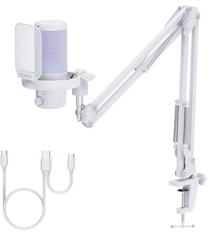 Feelworld VM1 Blanco Gaming PC USB Micrófono Condensador con Cancelación de Ruido Mute Luz RGB, Accesorios de Ordenador para Gamer Youtube Twitch Podcast Streaming Grabación Online Chat PS4 PS5