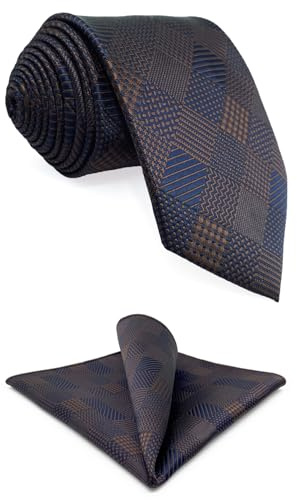 S&W SHLAX&WING Set de Corbata y Pañuelo de Bolsillo Marrón Azul Cuadros para Hombre 160cm